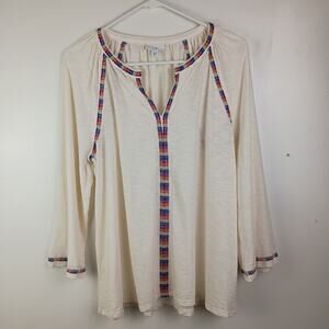 J Jill Women's Embroidered Boho Tunic Top Medium Long Sleeve Lightweight Coastal